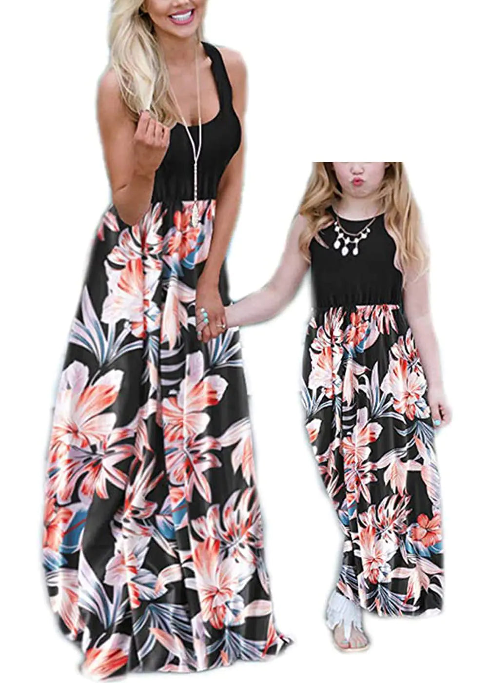 Askwind Mommy and Me Dresses Casual Floral Family Outfits Summer Matching Maxi Dress (Black L)